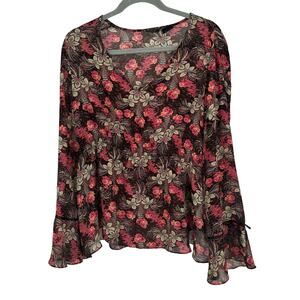 Nicole Miller Brown Floral Long Sleeves Babydoll Boho Blouse Sz 14